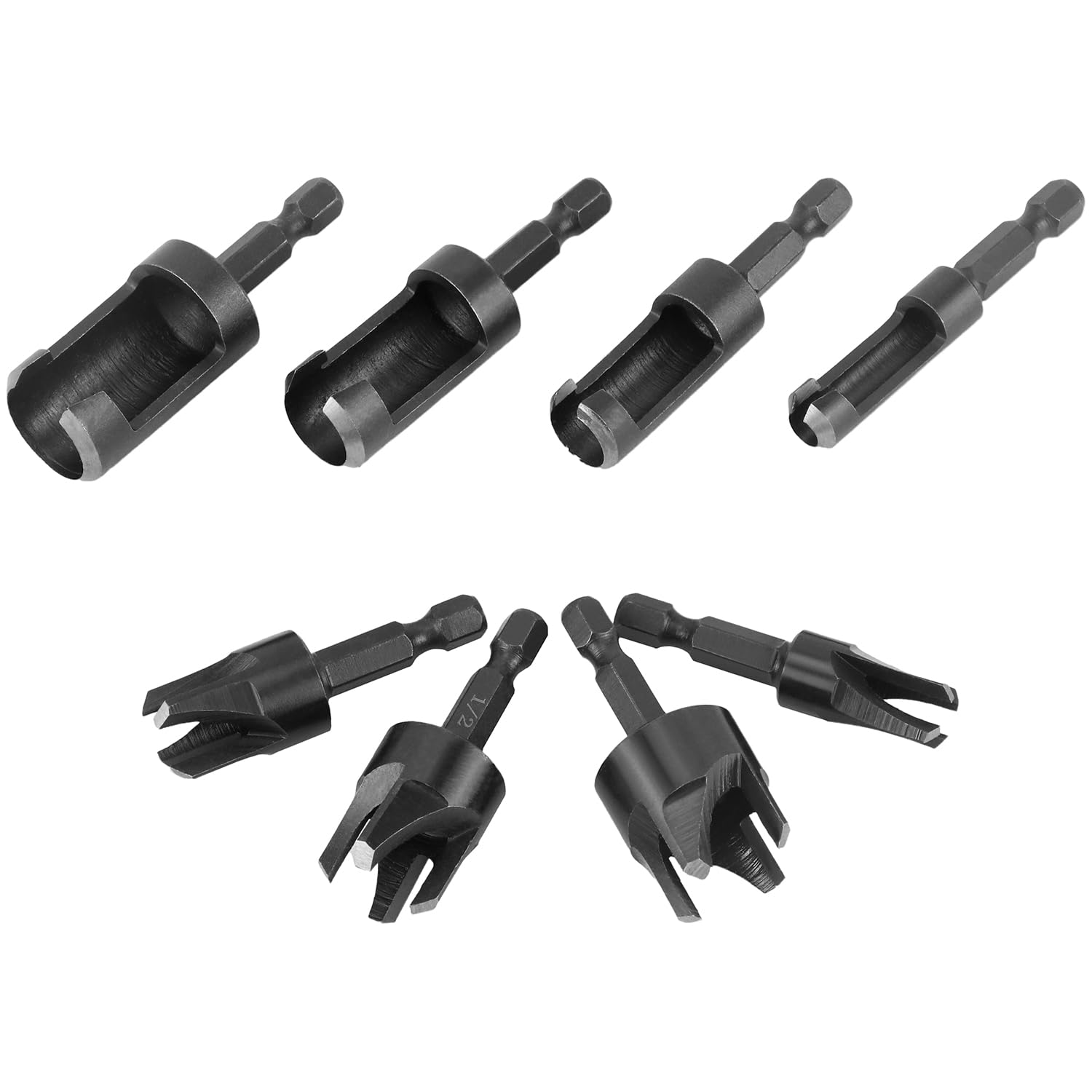 Wood Plug Cutter Drill Bit Set, 8Pcs, Includes 1/4", 5/16", 3/8", 1/2" Sizes, 1/4 Inch Hex Shank — image 2