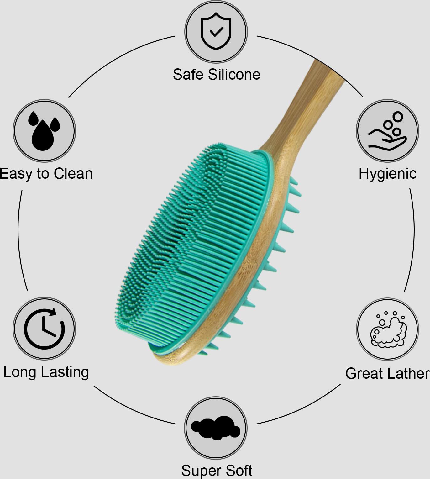 Silicone Body Scrubber with Long Handle, Dual-Sided Exfoliating Back Scrubber, 2 in 1 Bath Shower Brush for Dry and Wet - Green — image 2