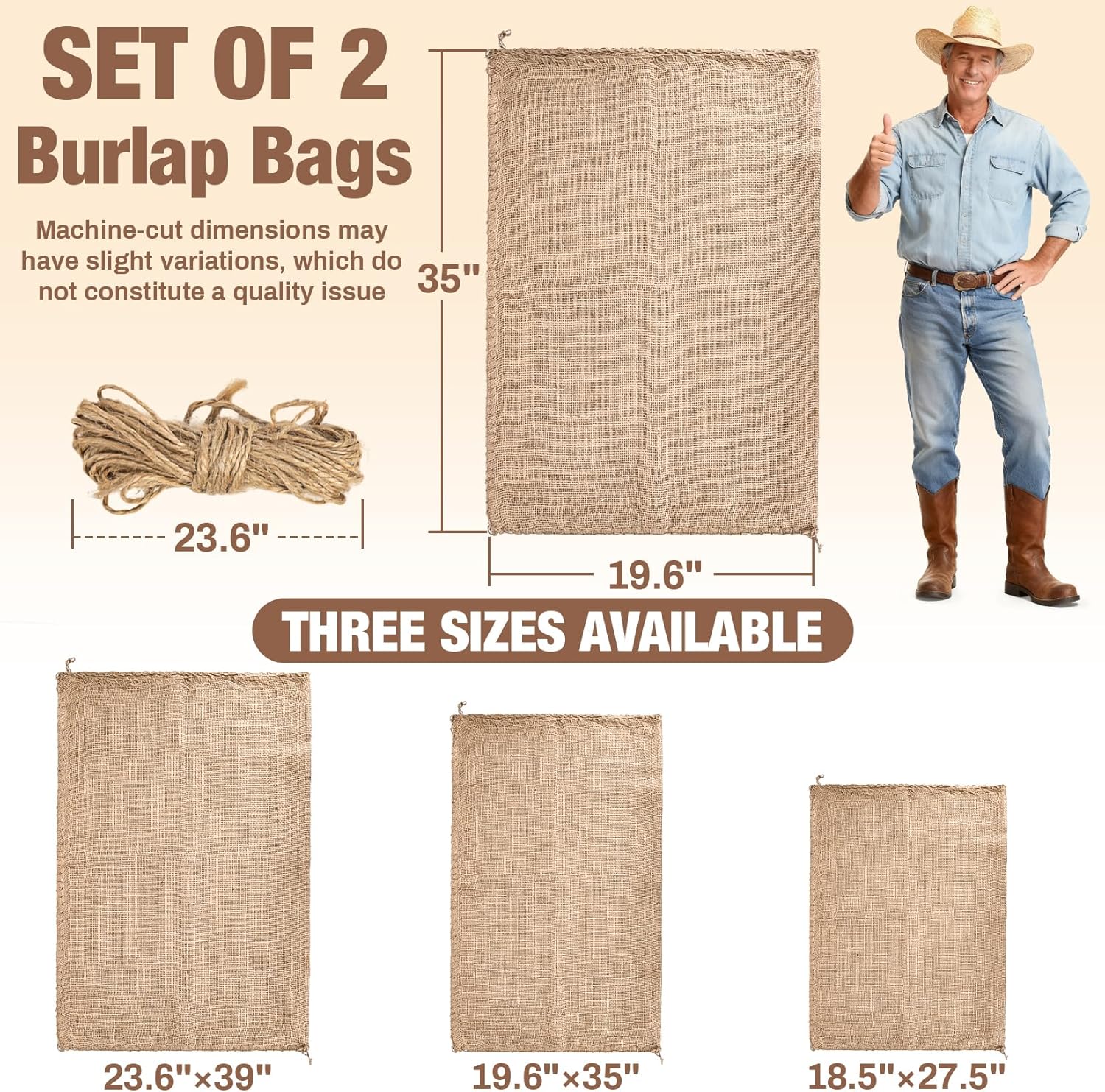 2 PCS Burlap Sack - 19.6" x 35" Burlap Bags for Plants High Density Natural Jute Bag of Potatoe Storage Plant Grow Bags with Rope Potato Sacks Race Bag โ image 2