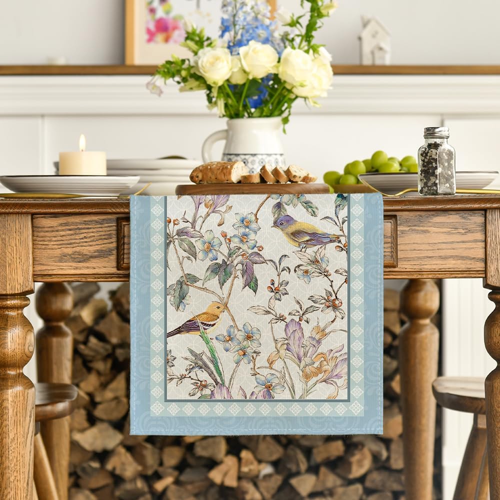 Blue Birds Flowers Blossom Table Runner, Seasonal Spring Floral Kitchen Dining Table Decoration for Home Party Decor 13 × 72 Inch — image 2