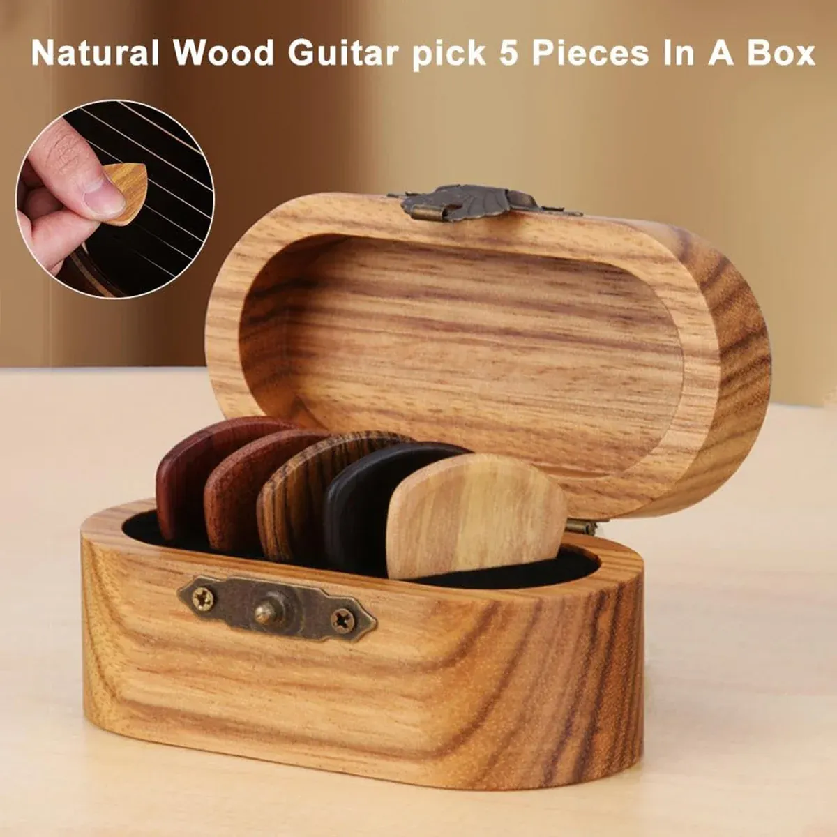 Solid Wood Guitar Pick Storage Case Moistureproof Durable Portable with Dividers — image 5