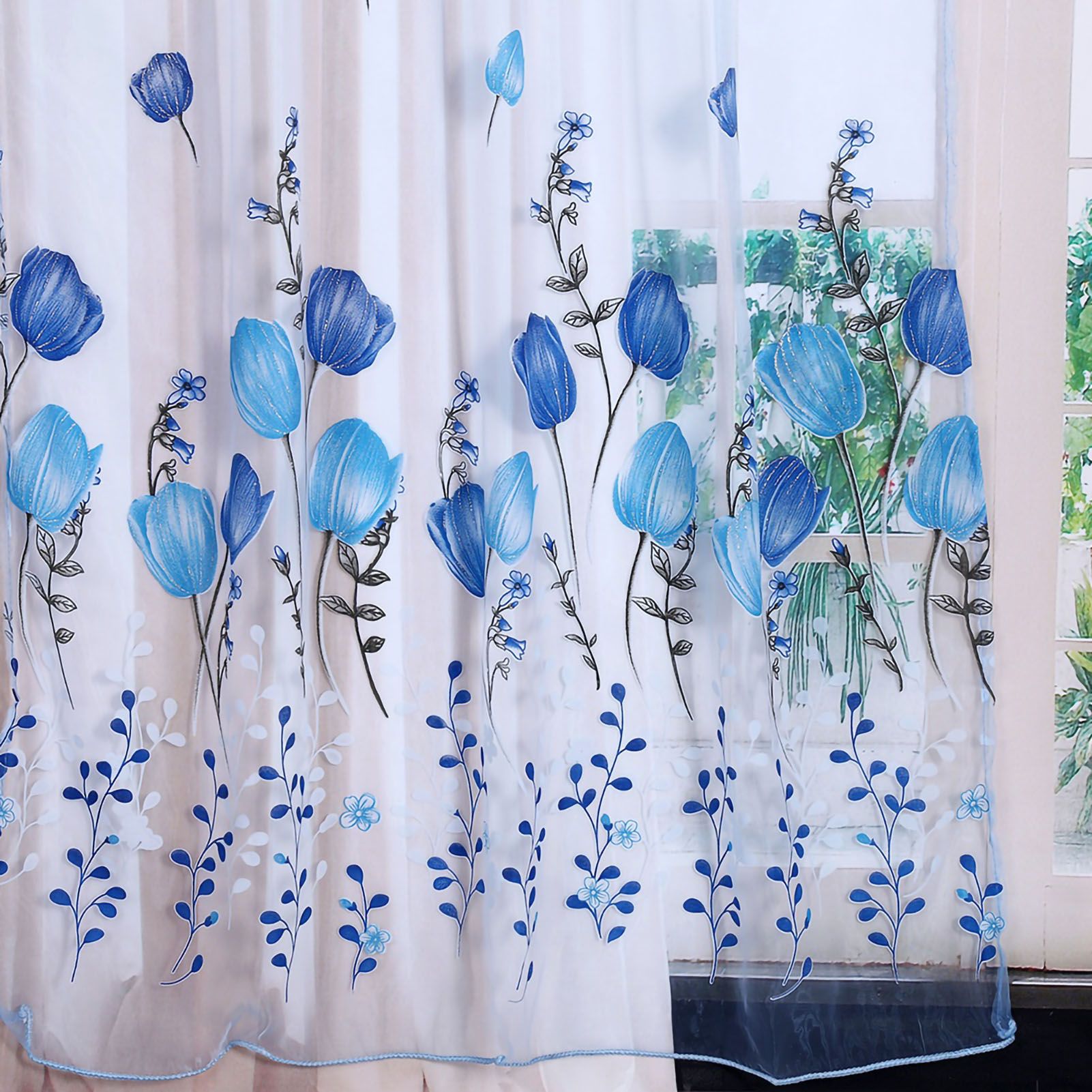 100*200cm Tulips Printing Tulle Curtains Sheer Drape Balcony Window Decoration Blue — image 2