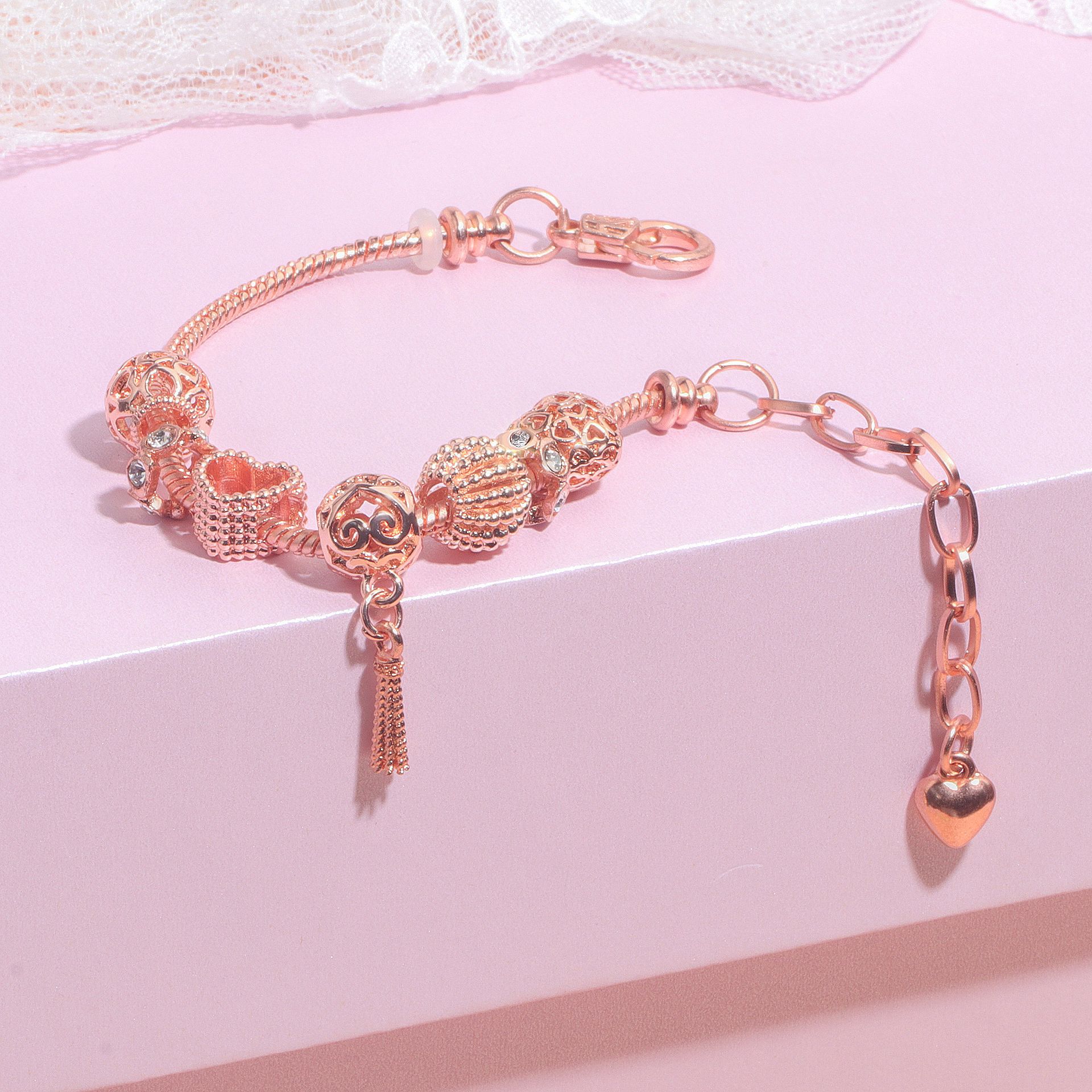 Rose Gold Hollow Carved Heart Bead Tassel Bracelet(17cm) โ image 4