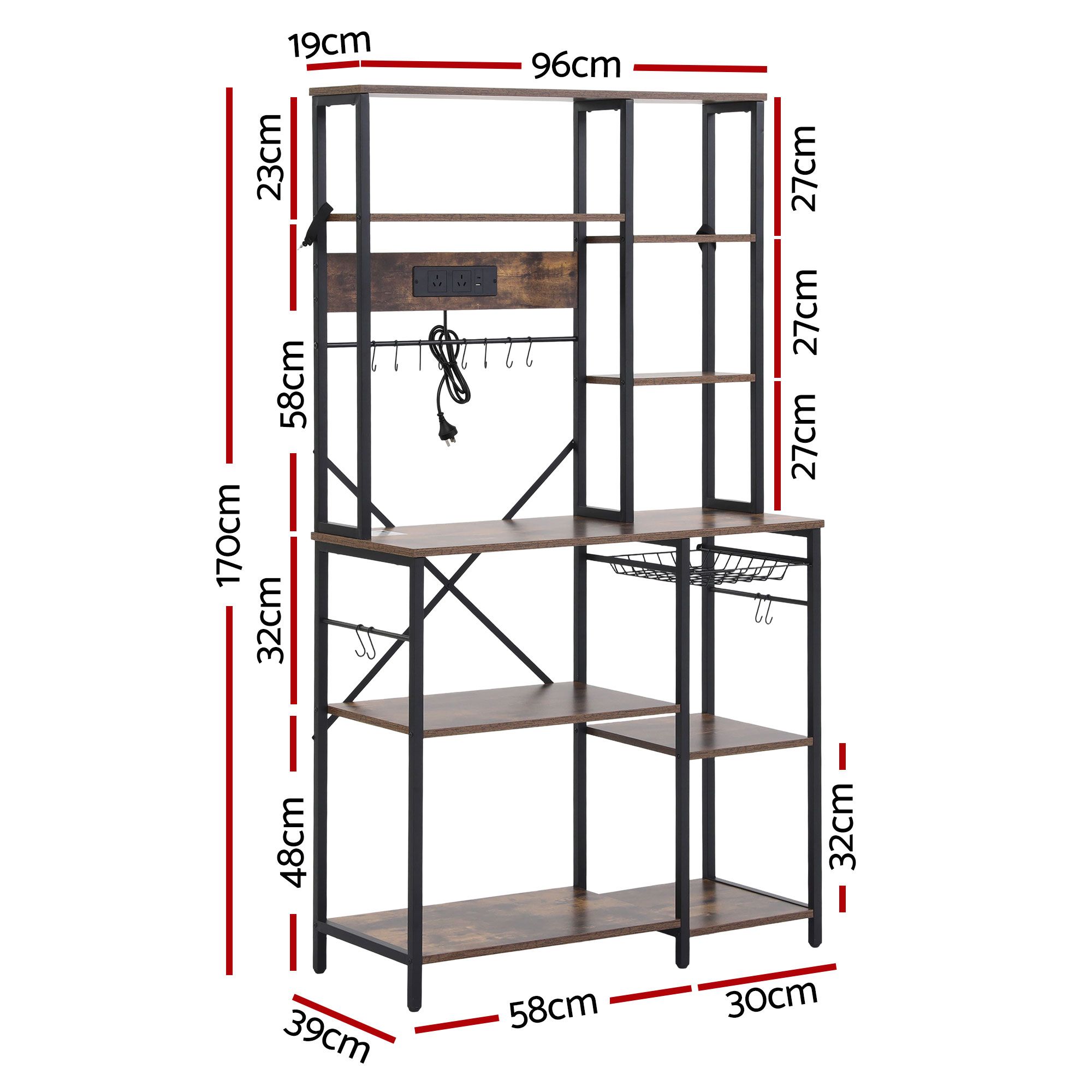 Artiss Kitchen Rack with Power Outlets Hooks 96CMX170CM Microwave Storage Shelf — image 3