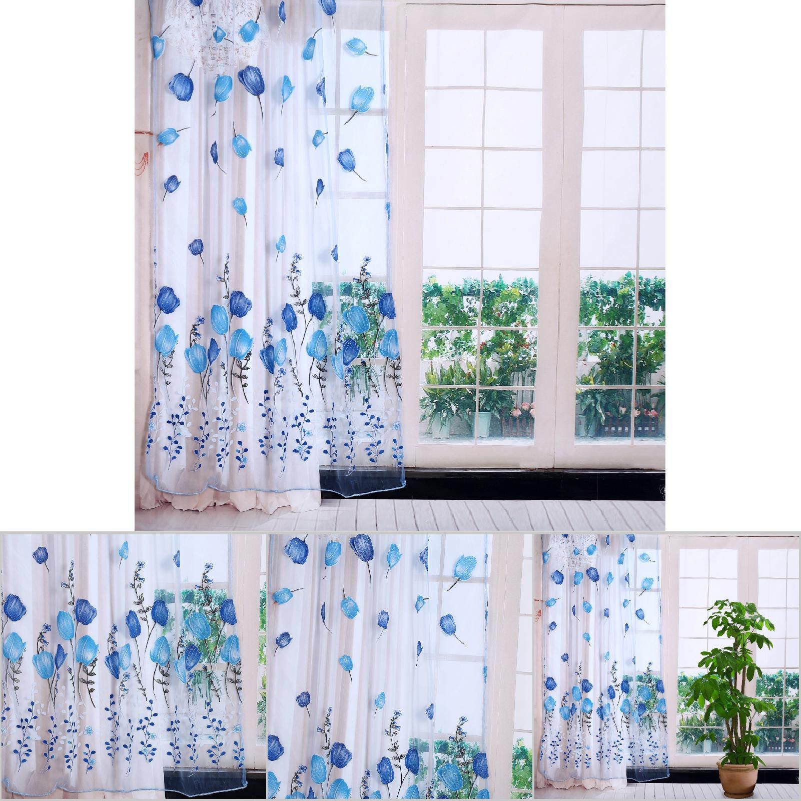 100*200cm Tulips Printing Tulle Curtains Sheer Drape Balcony Window Decoration Blue — image 5