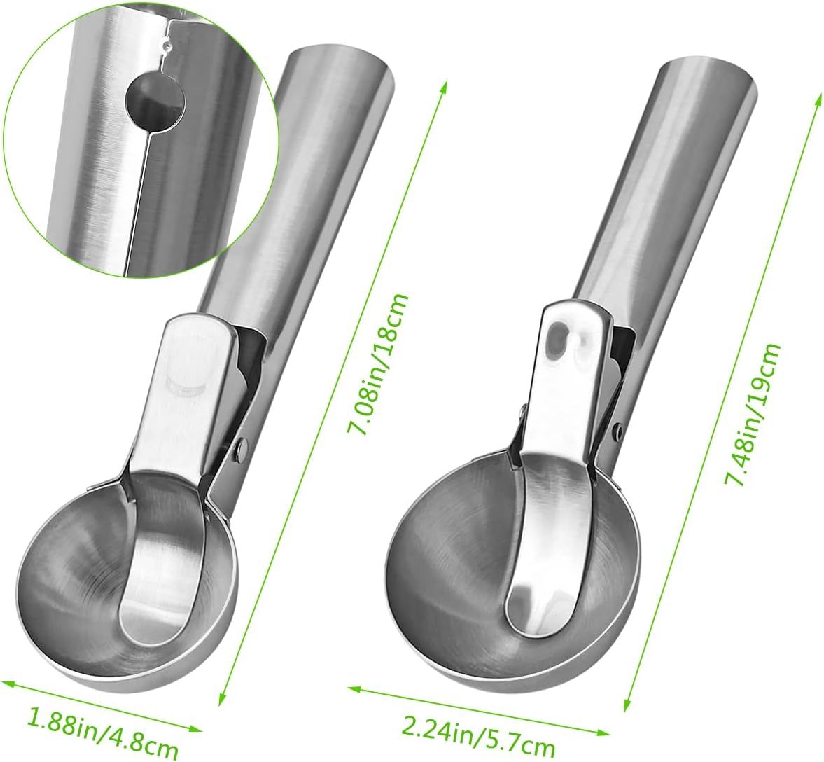 2 Pack Stainless Steel Trigger Ice Cream Scoops, Heavy Duty Portion Spoons for Gelato, Sorbet, Fruit and Desserts, Silver, 19.1 x 5.3 cm β image 2