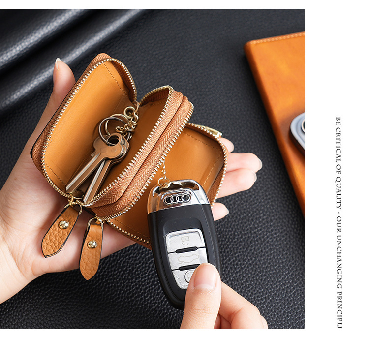 Genuine Leather Car Key Case Double Zipper Smart Key Fob Holder Wallet Remote Organiser Pouch with Hook Red — image 2