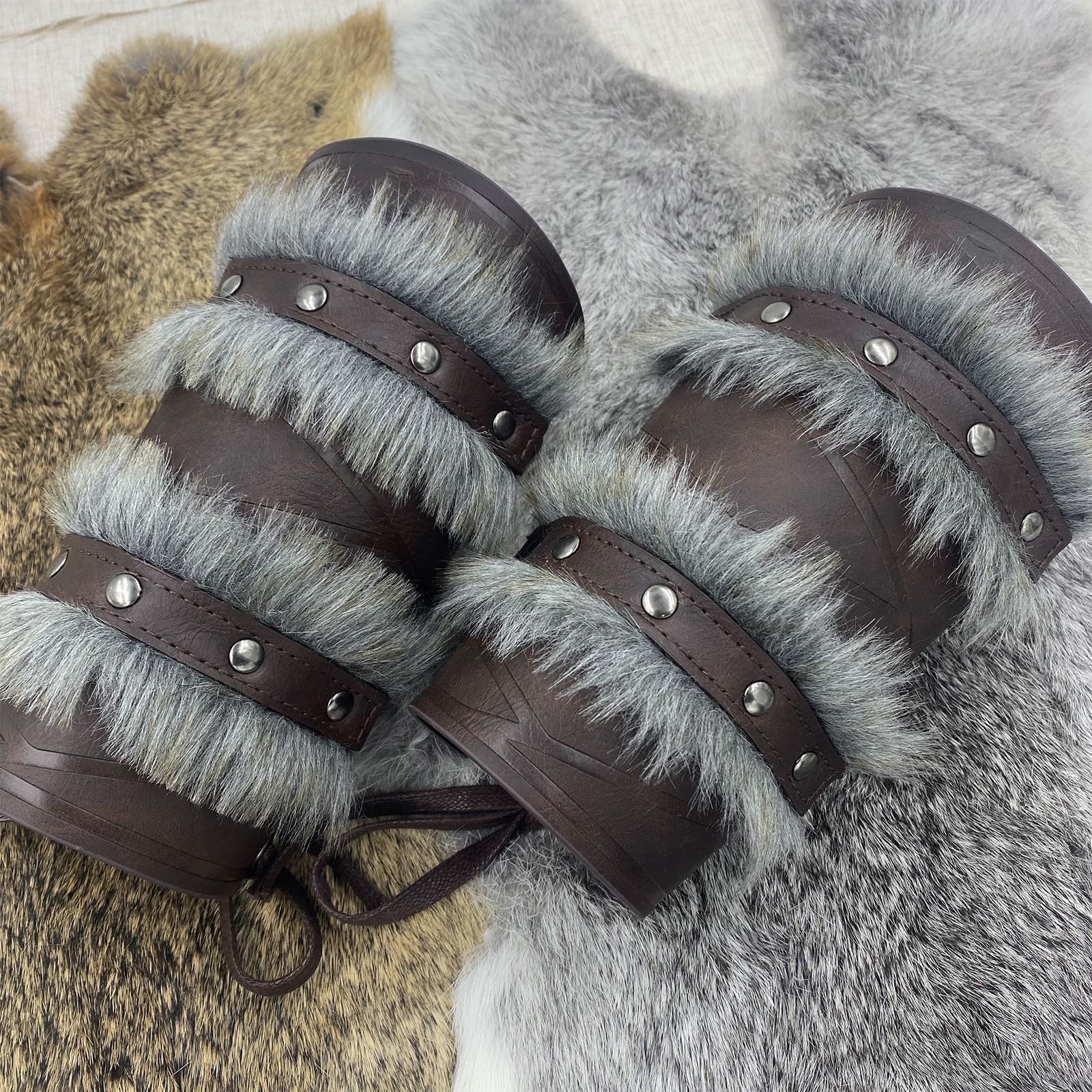 Nordic Viking Barbarian Arm Guards, Medieval Artificial Fur Gauntlets, Vintage Faux Leather Bracers Leather Arm Guards Medieval Bracers Renaissance Armor โ image 2