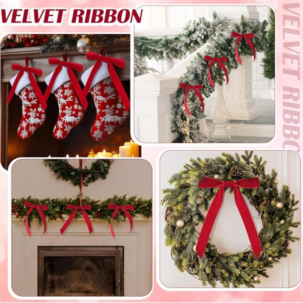 12 Christmas Bows Velvet Tree Decorations, Red — image 6