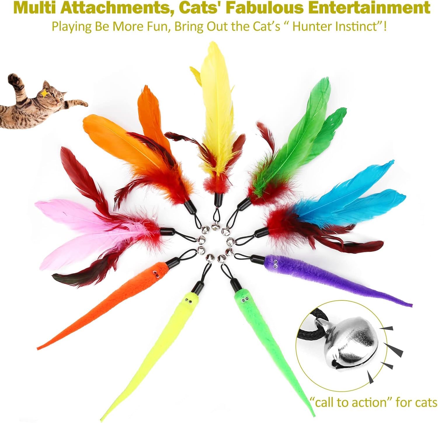 Huidcom Cat Feather Toy Retractable Cat Toys Wand with 2 Wands & 9 Assorted Teaser Refills Interactive Feather Teaser Wand Toy with Bell for Kitten Or Cat — image 5