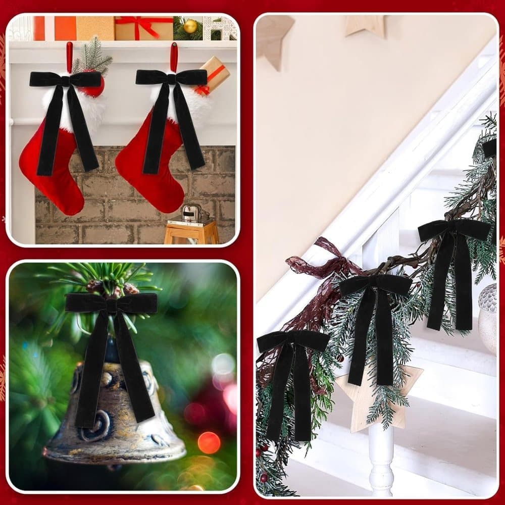 12 Christmas Bows Velvet Tree Decorations in Black, 6 inches — image 4
