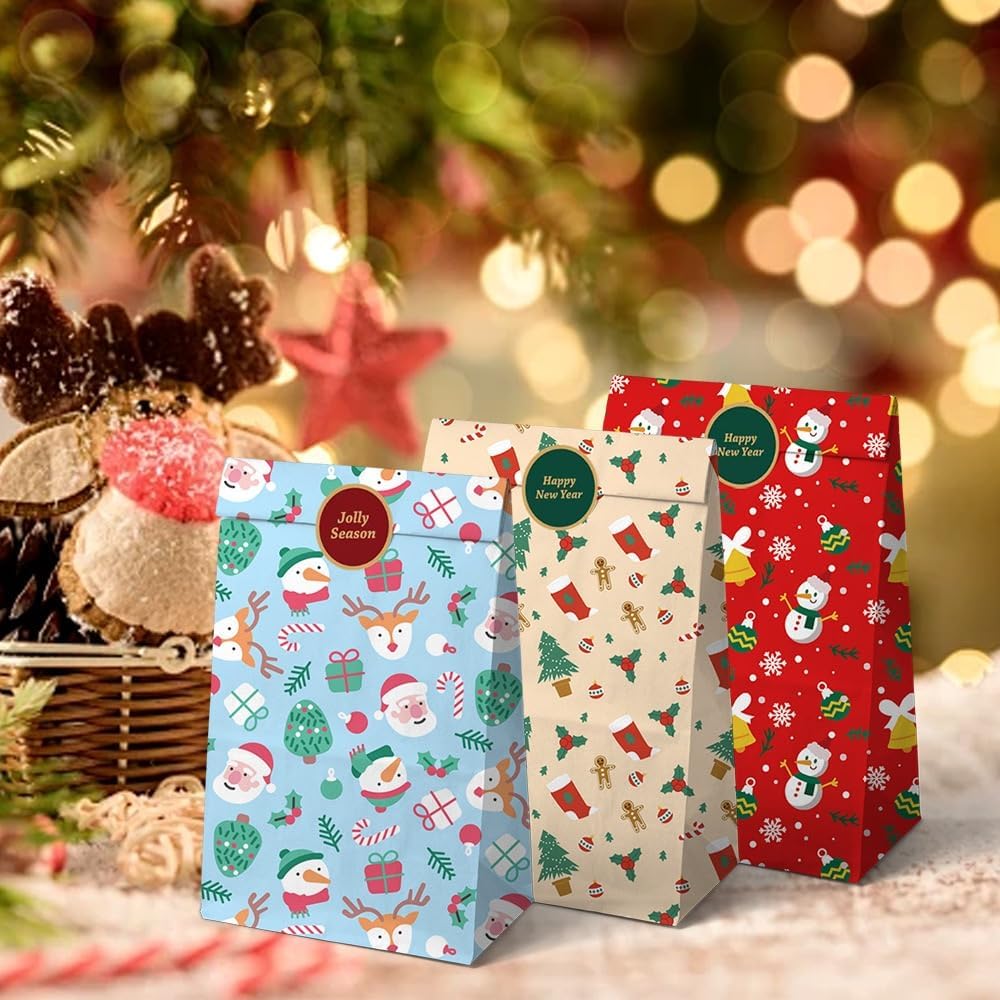 24 Pack Kraft Paper Christmas Gift Bags with Festive Prints and Sealing Stickers for Treats, Small Presents and Party Favours โ image 4