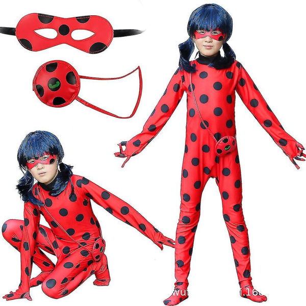Bimirth Kids Girls Ladybug Cosplay Set Halloween Party Jumpsuit Costume with Blindfold, Wig, Bag 140 (130-140cm)_tfrf 140 (130-140cm) — image 3