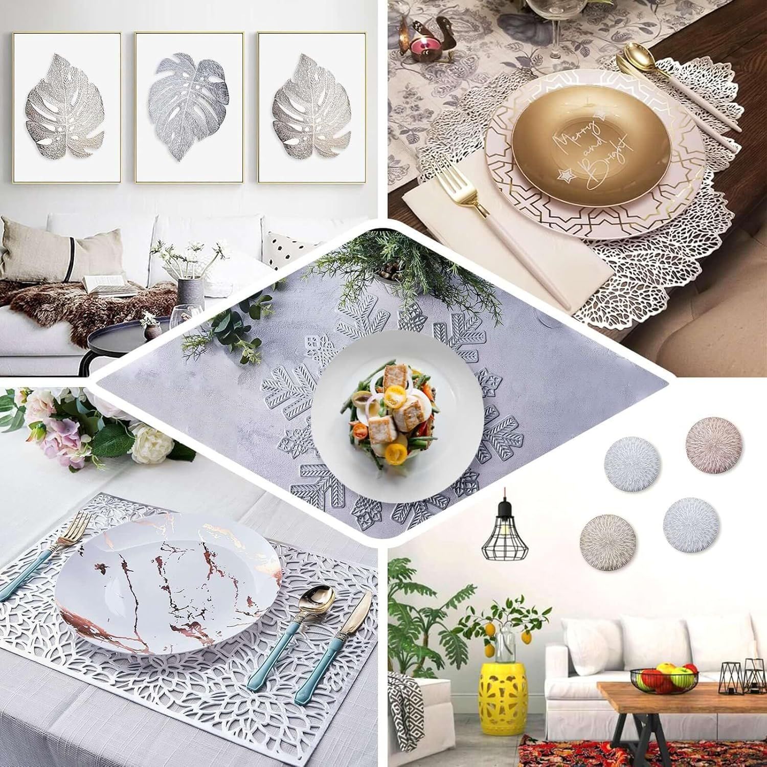 Efavormart 6 Pack 15" White Vintage Floral Vinyl Placemats - Non-Slip Round Metallic Lace Cutout Dining Mats for Wedding Events and Birthday Party Decor- 6 — image 5