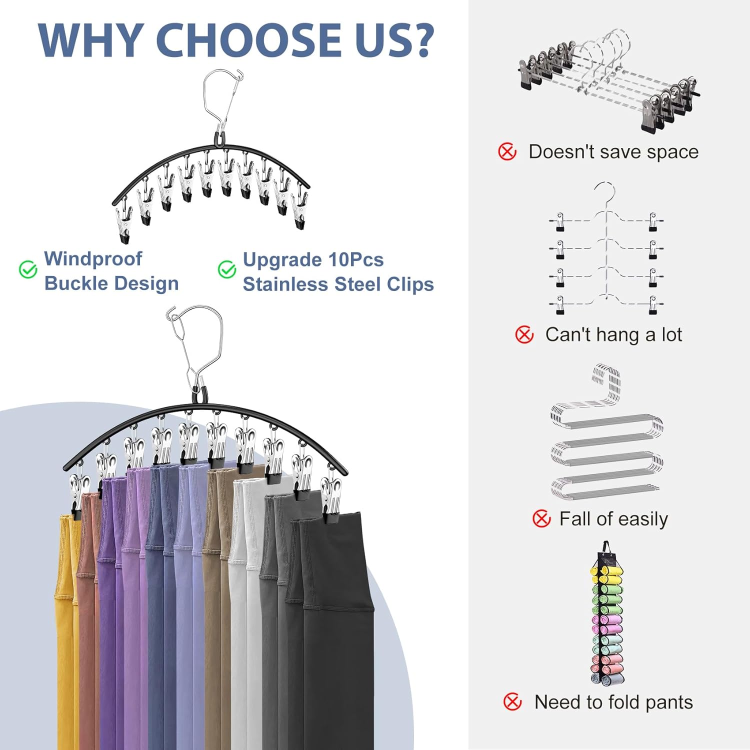 3 Pack Skirt Pants Hangers with Clips, Legging Organizer for Closet Hanging with 10 Cilps Holds 30 Leggings/Shorts/Jeans/Skirts Pants Hangers Space Saving — image 6