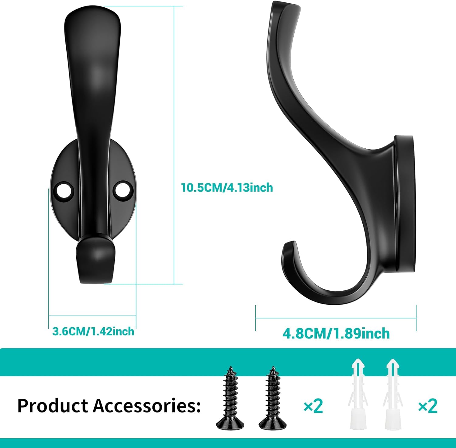 Coat Hooks Heavy Duty - Wall Mount Metal Towel Hooks Screw-in Wall Hooks for Hanging Hat, Towel, Key, Robe, Scarf, Bag, Cap (6 PCS Black) — image 2