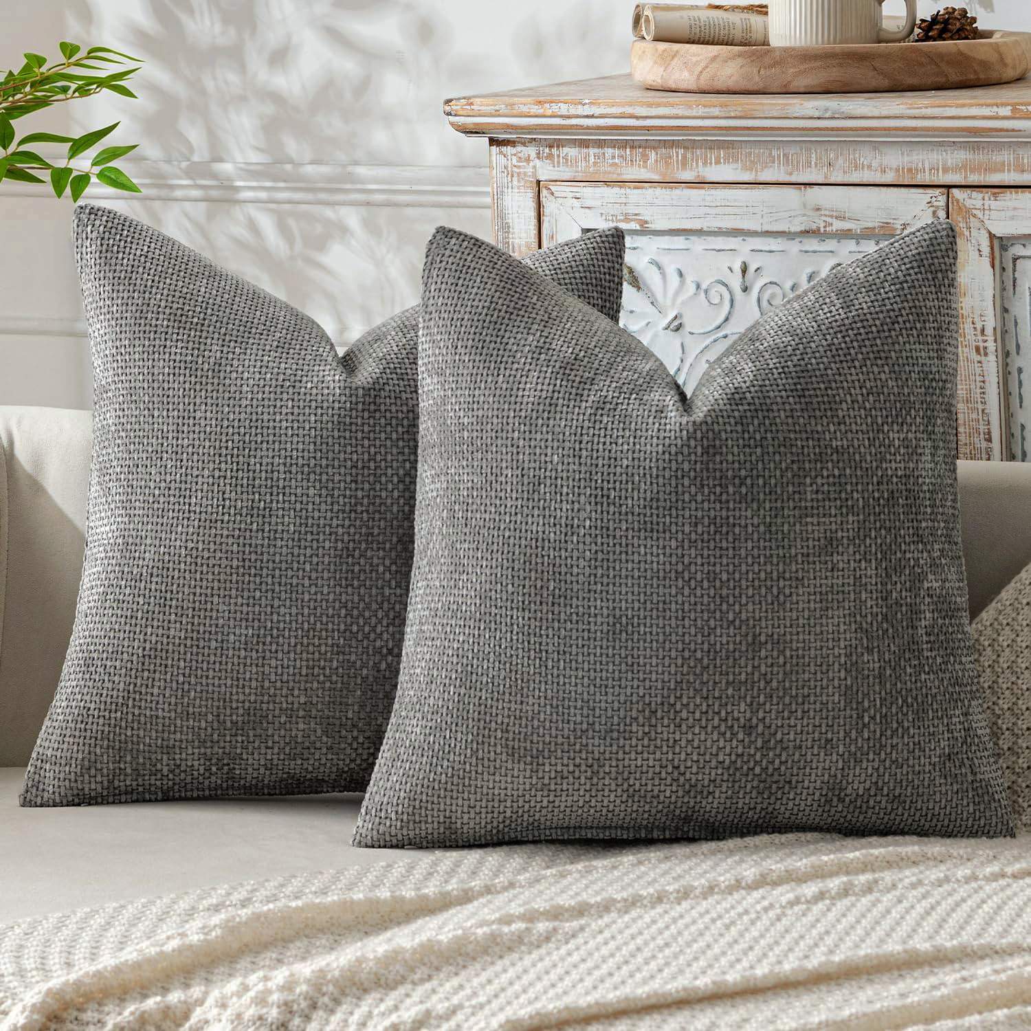Grey Plush Chenille Cushion Covers Set of 2 - Soft Textured Decorative Throw Pillow Cases for Sofa Couch, 45 × 45cm