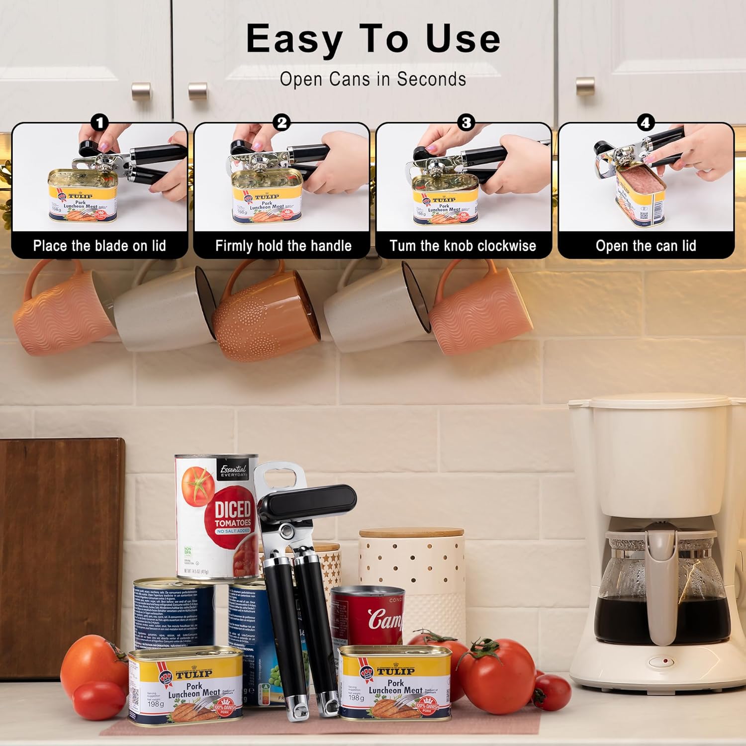 XL Large Heavy Duty Can Opener Manual Smooth Edge, Hand Held Can Openers for Seniors, Stainless Steel, Comfortable Handle, Built-in Bottle Opener, 8.66 inch โ image 4