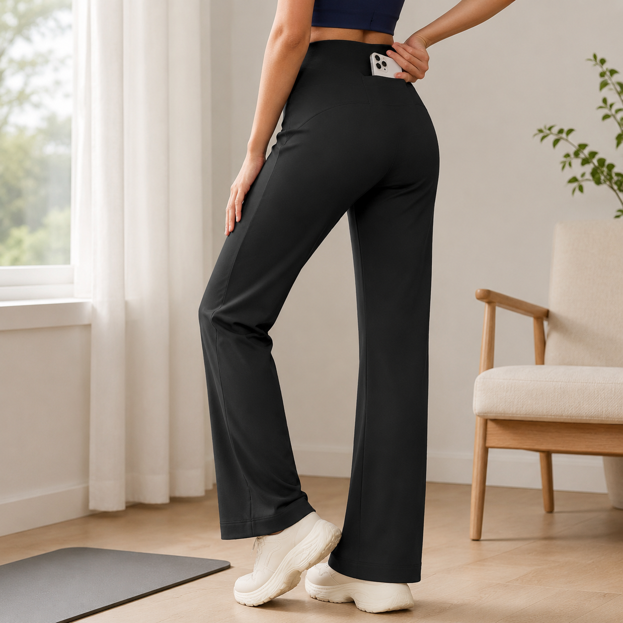 Black Womens High Waist Straight Leg Yoga Pants (XL size)- Loose Fit Full Length Activewear with Rear Waistband Pocket for Pilates, Studio and Everyday Wear โ image 5