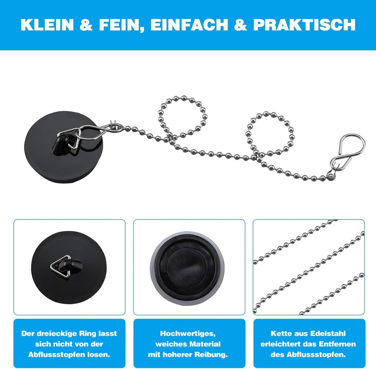 2-Pack Drain Plug - Sink Plug - Bath Plug for Home - Universal Plug Set - Diameter 42-45 mm - For Sinks - Kitchen Sink Plug Chain - Black โ image 2