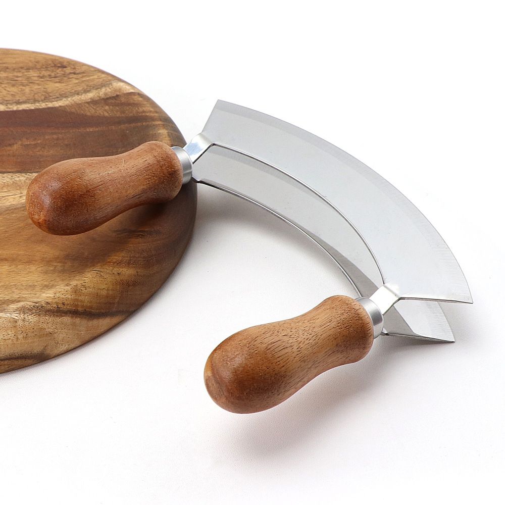 Cutting Board & Knife - Wooden Chopping Board & 2-Bladed Curved Herb Cutter - Round Wood Board & Double Blade Rocker Chopper โ image 4