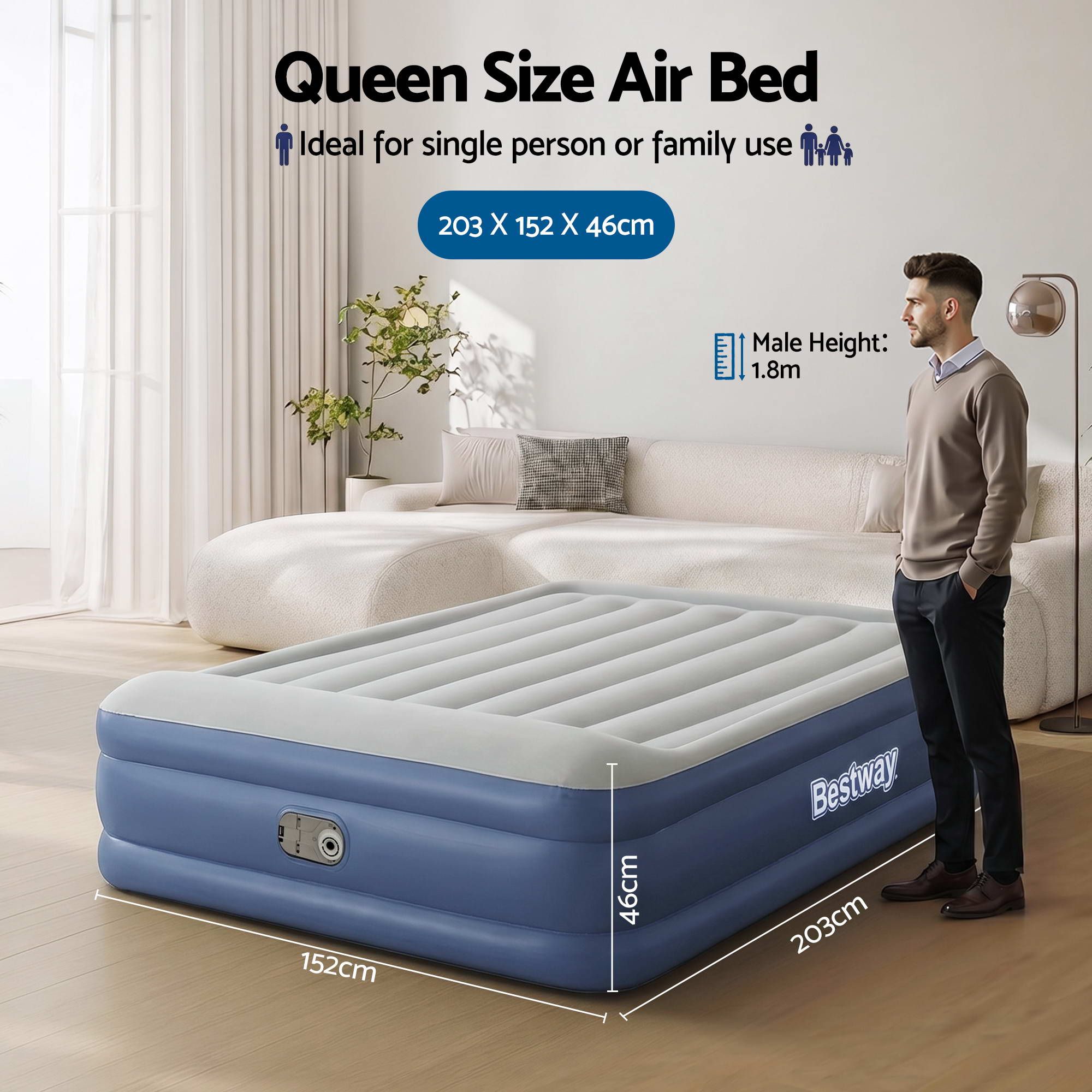 Bestway Queen Air Mattress with Built-in Pump Tritech Inflatable Bed 46cm — image 2
