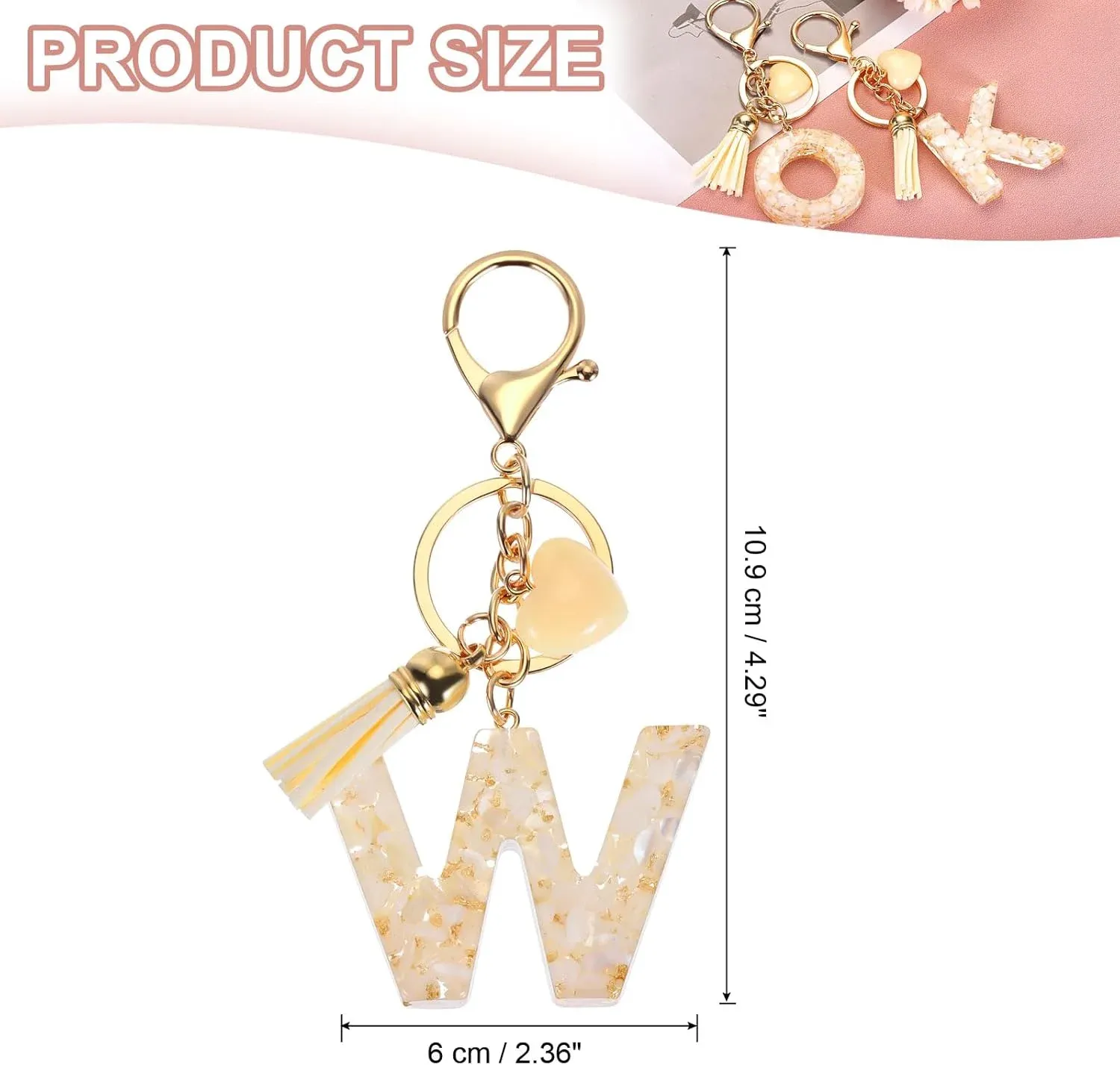 Letter W Initial Keychain with Tassel and Bead Charm for Women Girls Handbag Keys Accessory Gold Tone, Daily Comfort Use โ image 2
