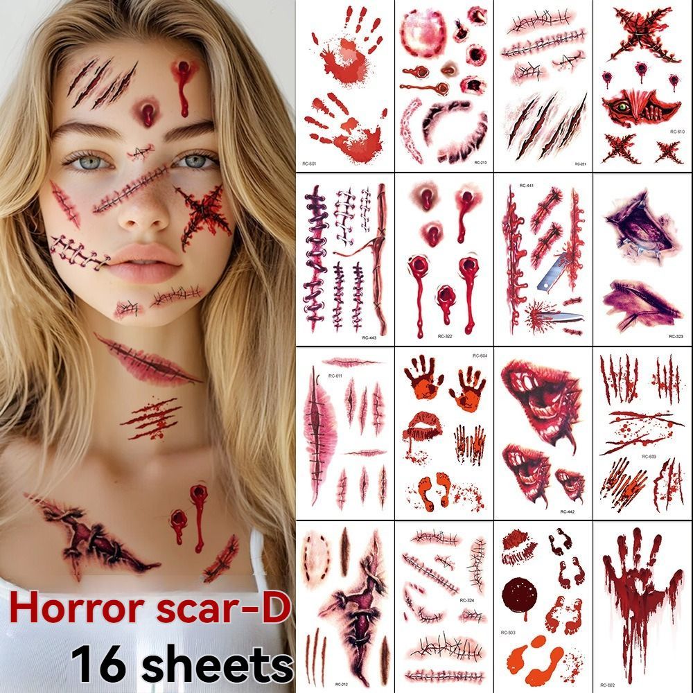 Halloween Tattoos 3D Temporary Tattoos Fake Wound Stickers Blood Wounds - Red - Size scarG-10pcs โ image 3