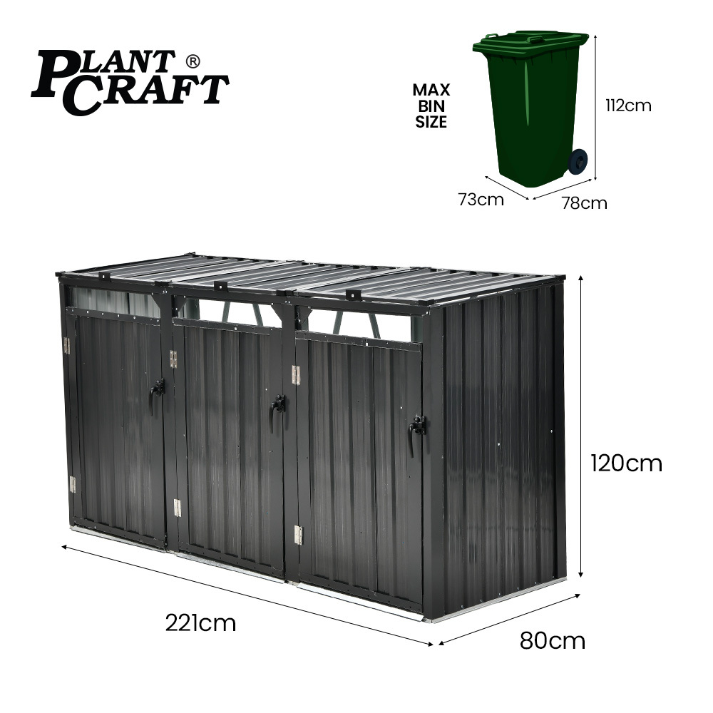 PLANTCRAFT Triple Steel Wheelie Garbage Bin Storage Shed, Enclosure with 3 Opening Doors — image 2