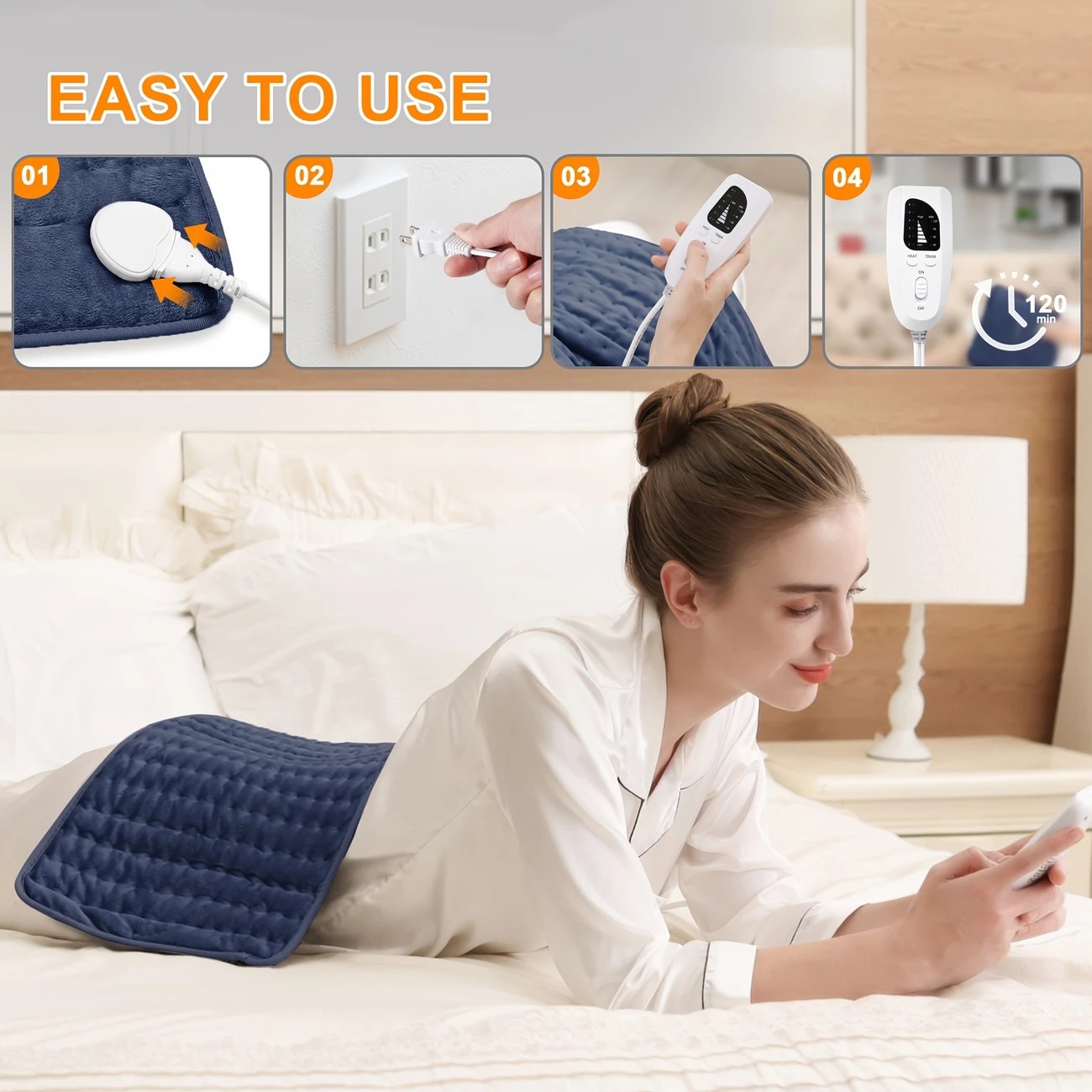 Dark blue This large heating pad (24" x 12") features 6 temperature levels and 4 timer settings, with rapid heating and auto-off functions. It is portable โ image 4