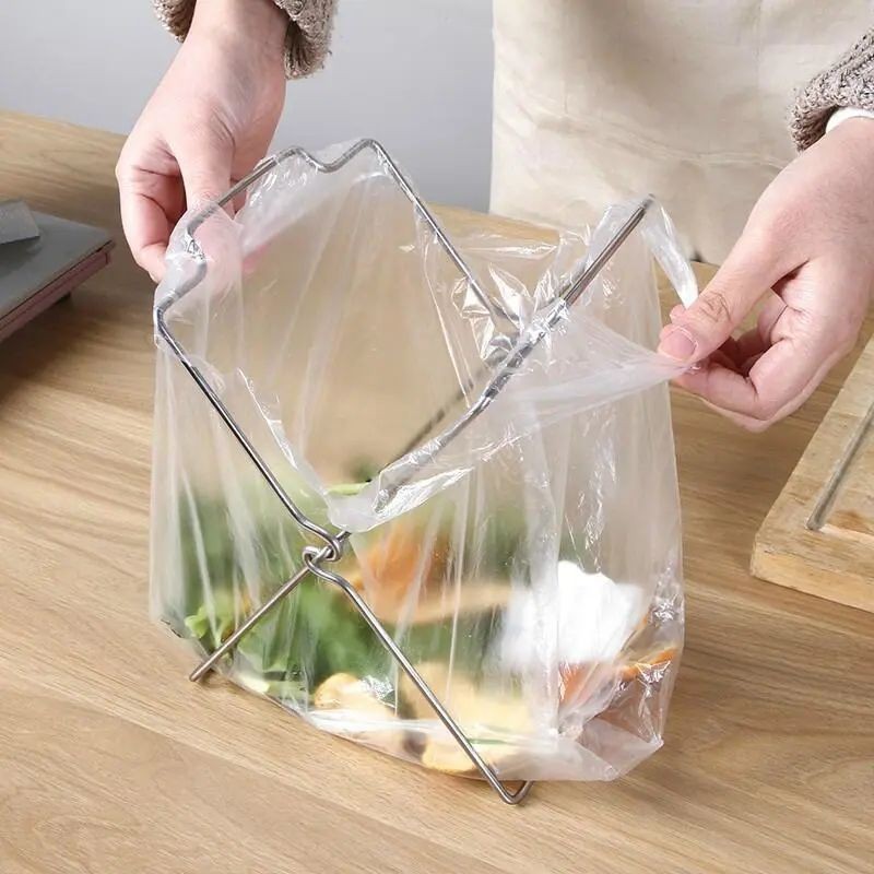 2-Pack Foldable Stainless Steel Trash Bag Holder (21 × 26 CM) - Multi-Functional Kitchen Countertop Organizer for Plastic Bag & Dishcloth — image 2