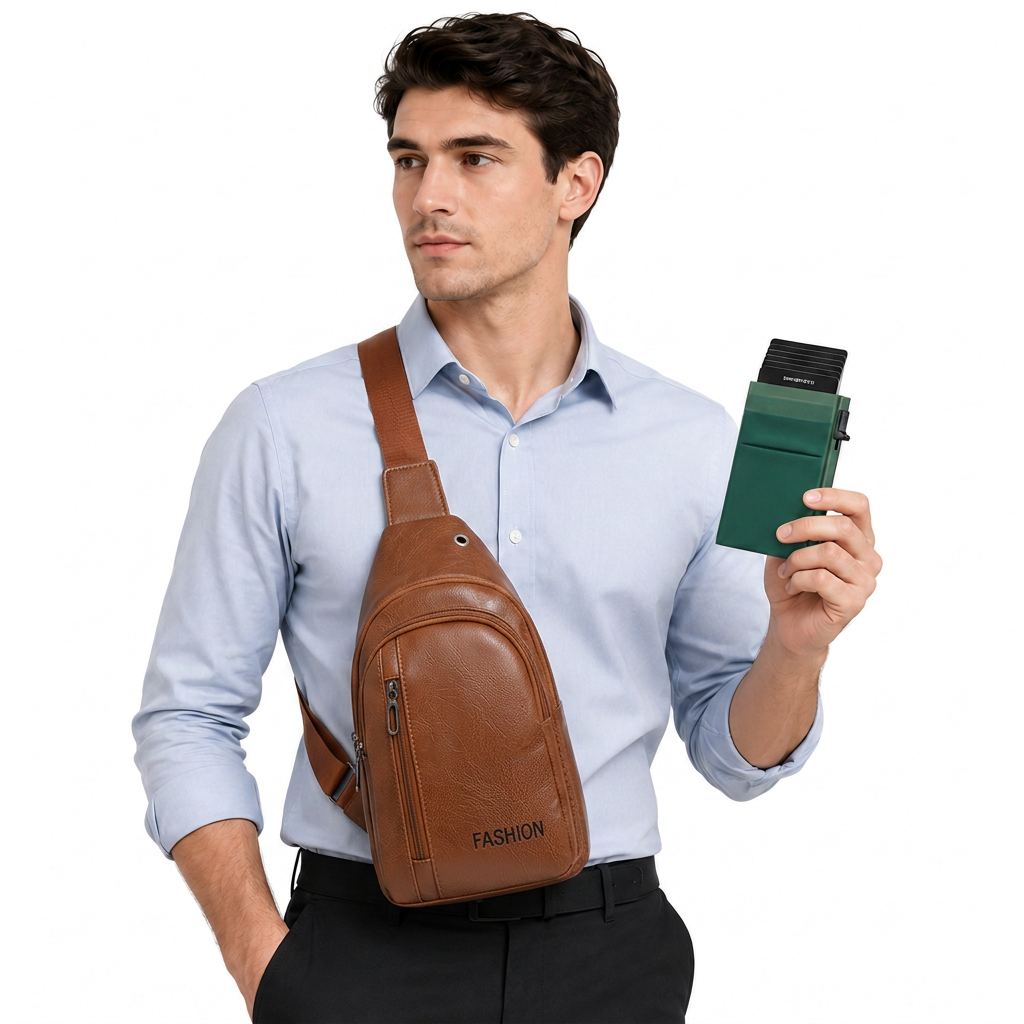 Office Commuter Business Set-Light brown Men's PU Leather Chest Bag and Green RFID Blocking Aluminum Wallet - Waterproof Crossbody Sling Bag with
