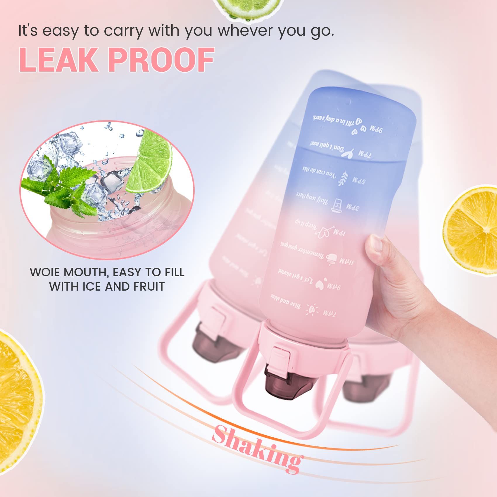Set of 3 BPA-free Water Bottles 64 oz, 32 oz, and 16 oz. Motivational design with handle and straw. Stay hydrated and inspired โ image 3