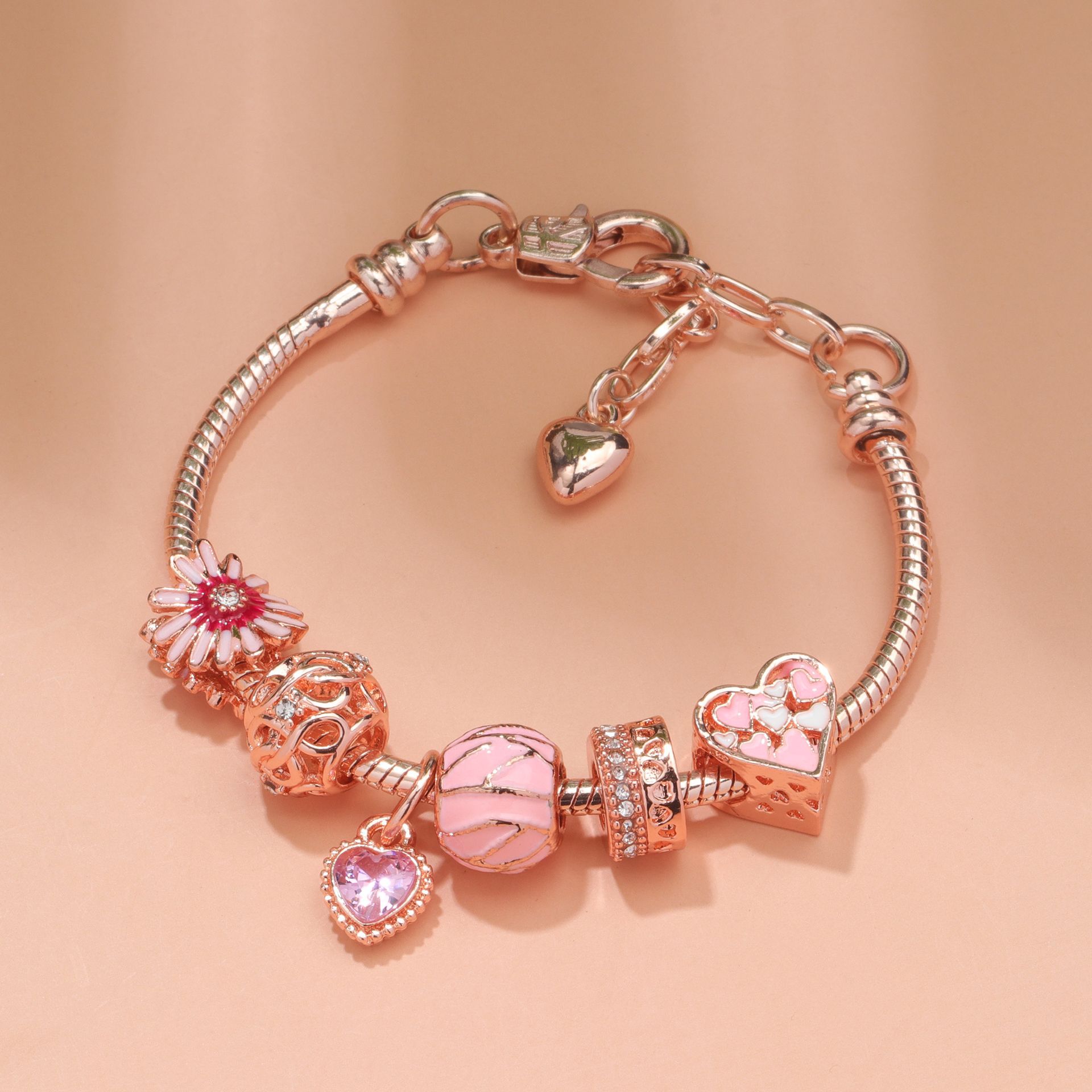 Rhinestone Daisy & Hollow Heart Charm Bracelet - Minimalist Fashion Zinc Alloy Electroplated Jewelry(19cm)