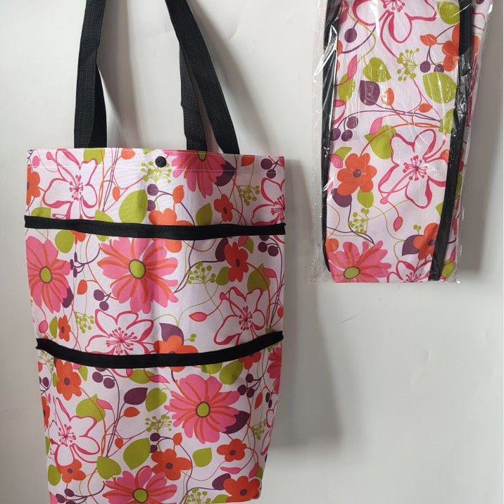 Rolling Shopping Bag Oxford Cloth Cube Type MS-003 Pink flowers on white background