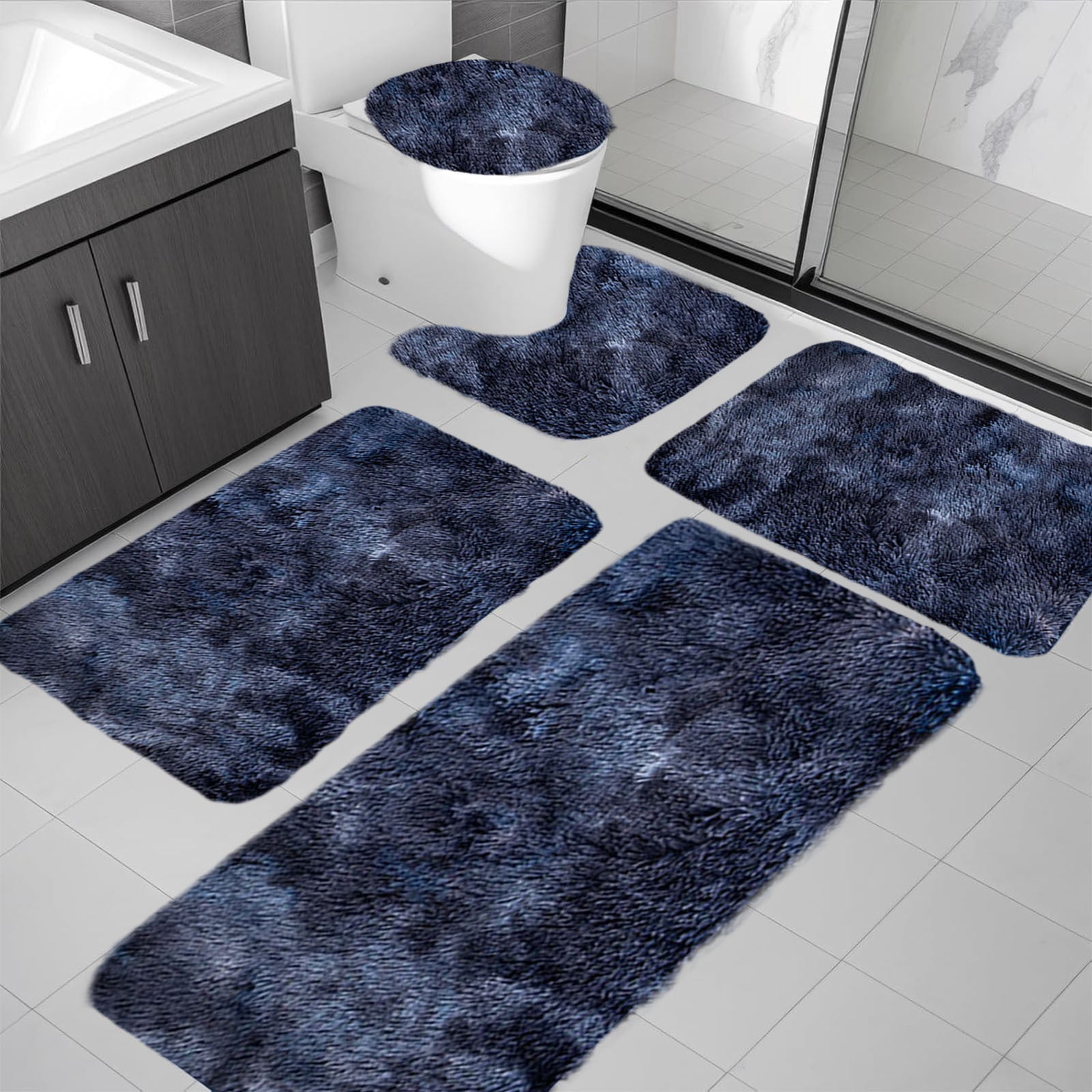 Tie-Dye Bathroom Rugs Sets, Non-Slip Bath Mat Set 5 Piece, Soft Comfortable Washable Bathroom Mat Set, Quicker Dry Bathroom Rug with Toilet Rug Dark Blue — image 4