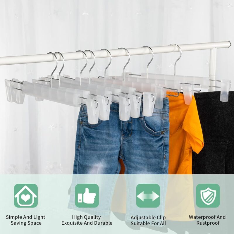 10 Pack Skirt Hangers, Trouser Hangers, With 2 Adjustable Non-Slip Clips, For Hanging Pants, Socks, Skirts - Translucent — image 2