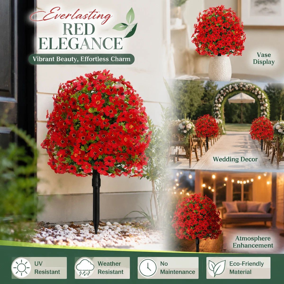 Bright Red Artificial Floral Greenery Stems Indoor Vase & Garden Styling Prop