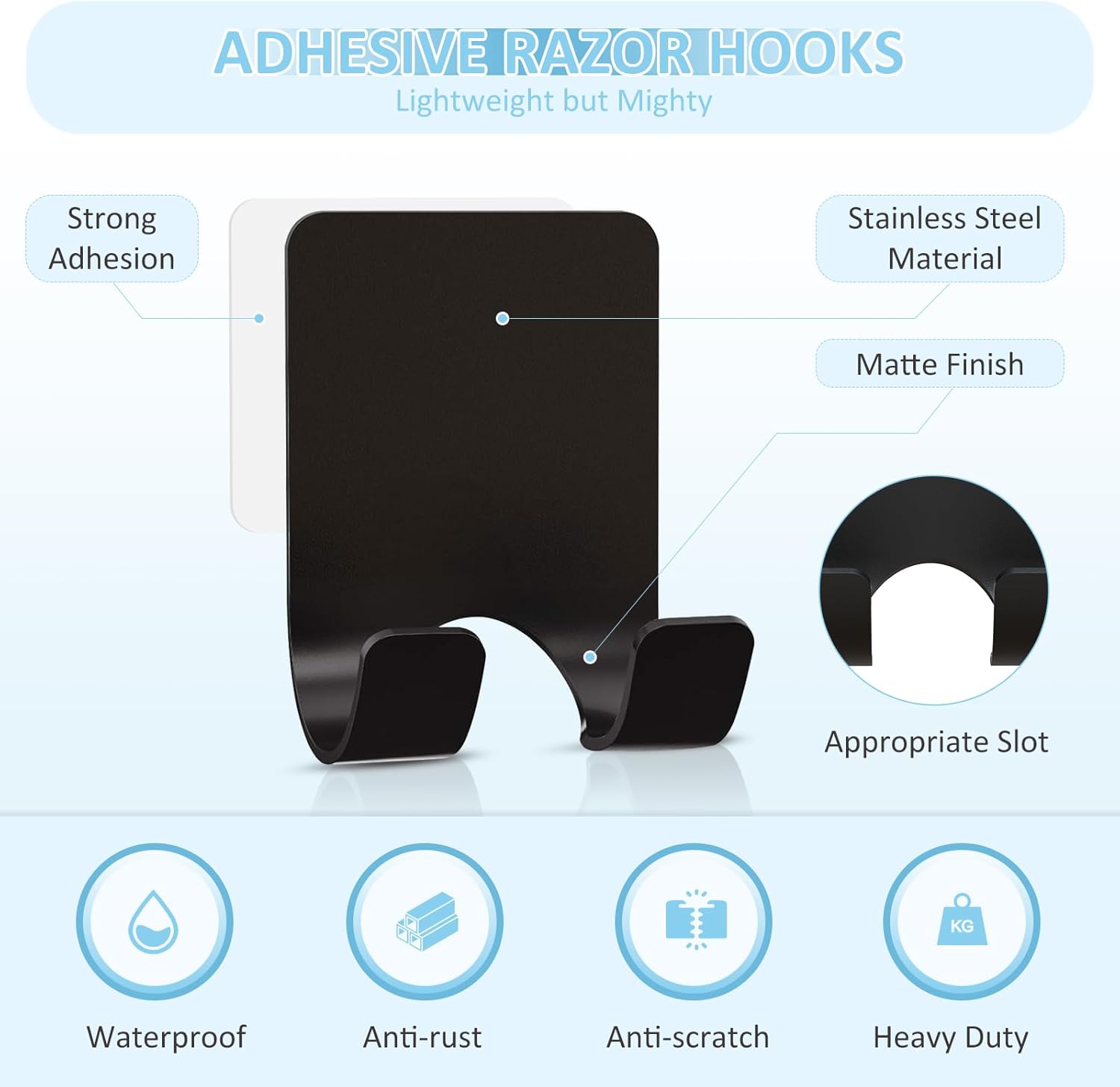 Shower Wall Razor Holder, Metal Adhesive Razor Hooks for His and Hers, Waterproof, Black, 2 Pcs โ image 3