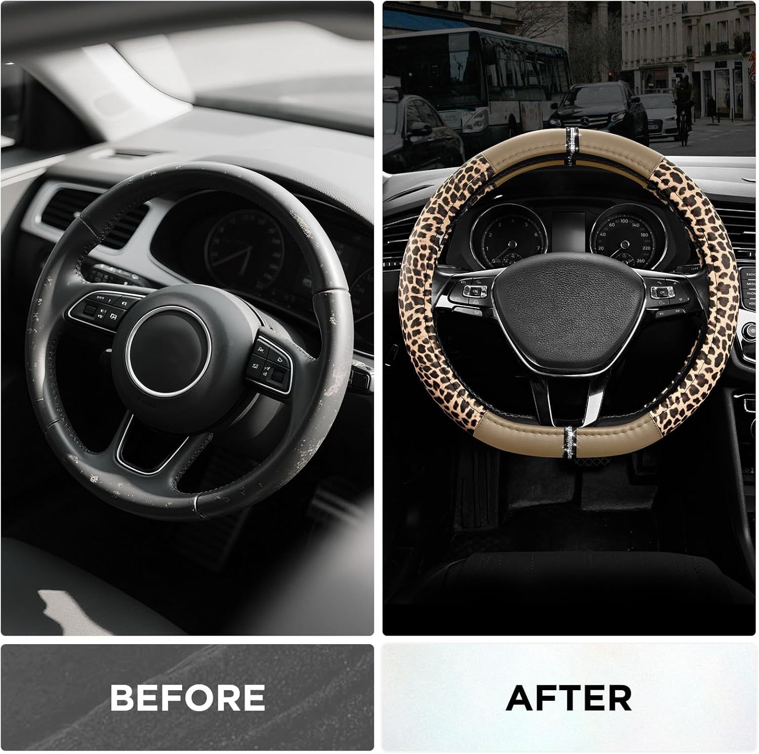 Leopard Steering Wheel Cover for Women, Cute Anti-Slip Microfiber Leather, Fits D Shape Flat Bottom Steering Wheel 14.5-15 Inch - Beige โ image 3