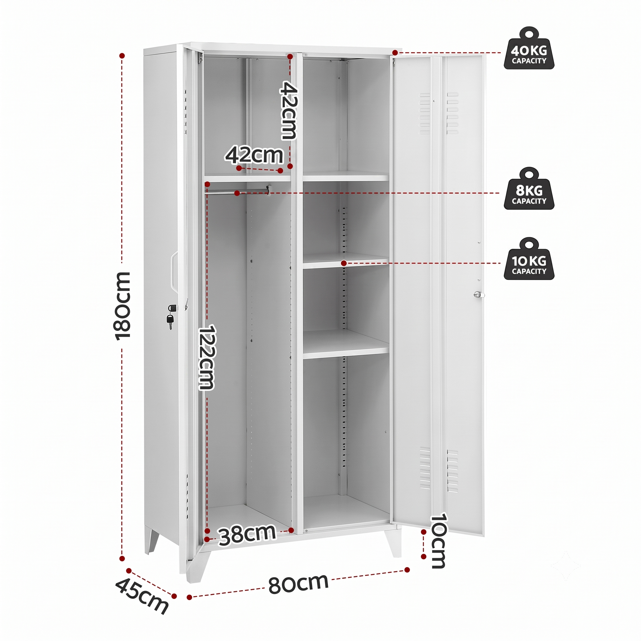 Artiss 2-Door Wardrobe Lockable Cabinet Storage Closet Hanging Rail Adjustable Shelves Cream White โ image 4