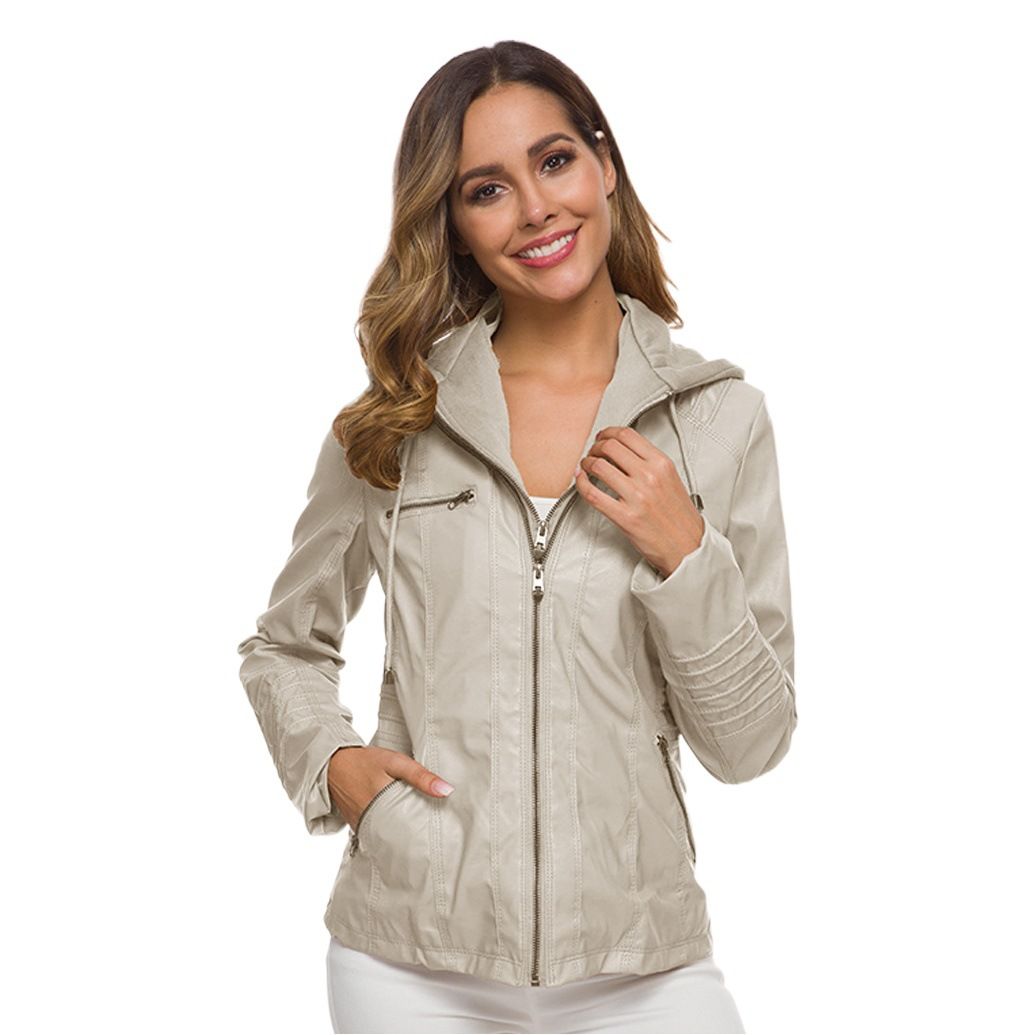 Women PU Leather Jacket Solid Zipper Hooded Streetwear Coffee 6XL — image 2