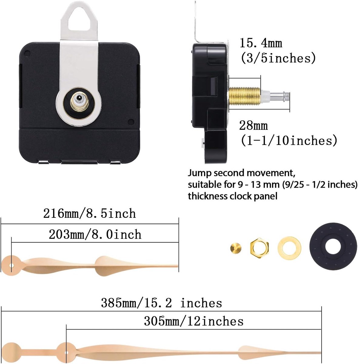 Quartz Clock Movement - Buy and Replace New Loose Clock Movement - High Torque - Long Hands Clock Movement - Gold and Black - Metal - Hour Hand Replacement — image 2