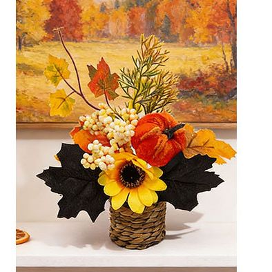 Autumn artificial mini potted plant, woven basket paired with sunflowers, pumpkins, and maple leaves, full and realistic petals, no maintenance required โ image 4