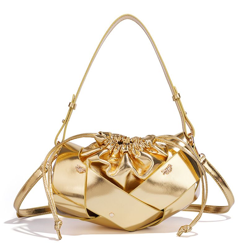 Handwoven PU Leather Drawstring Shoulder Crossbody Bag, Large Capacity Stylish Commuter Handbag with Structured Shape & Alloy Deco, Gold 29x10x15.5cm