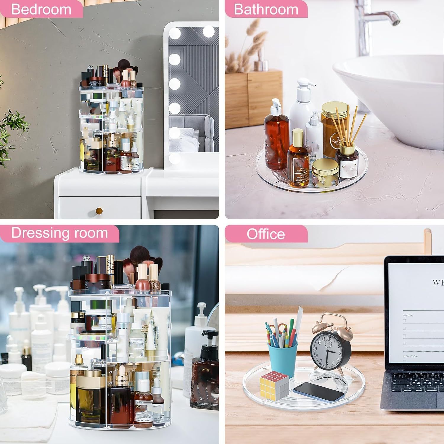 Rotatable Makeup Organizer Storage Box 360° Desktop Makeup Brush Holder Set with 3 Tier Round Cosmetic Display Stand — image 4