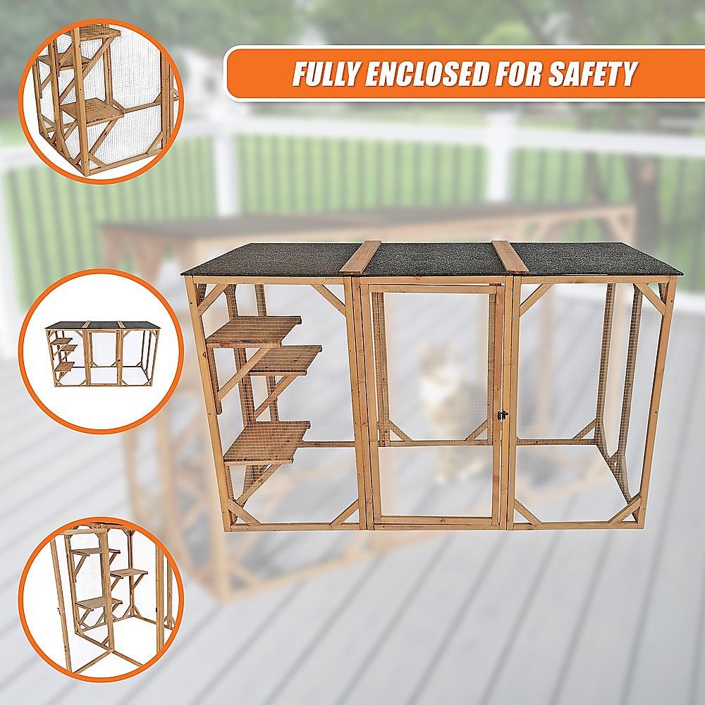 180cm Large Wooden Cat Enclosure Outdoor Cat Cage with 3 Platforms & Weatherproof Roof โ image 5
