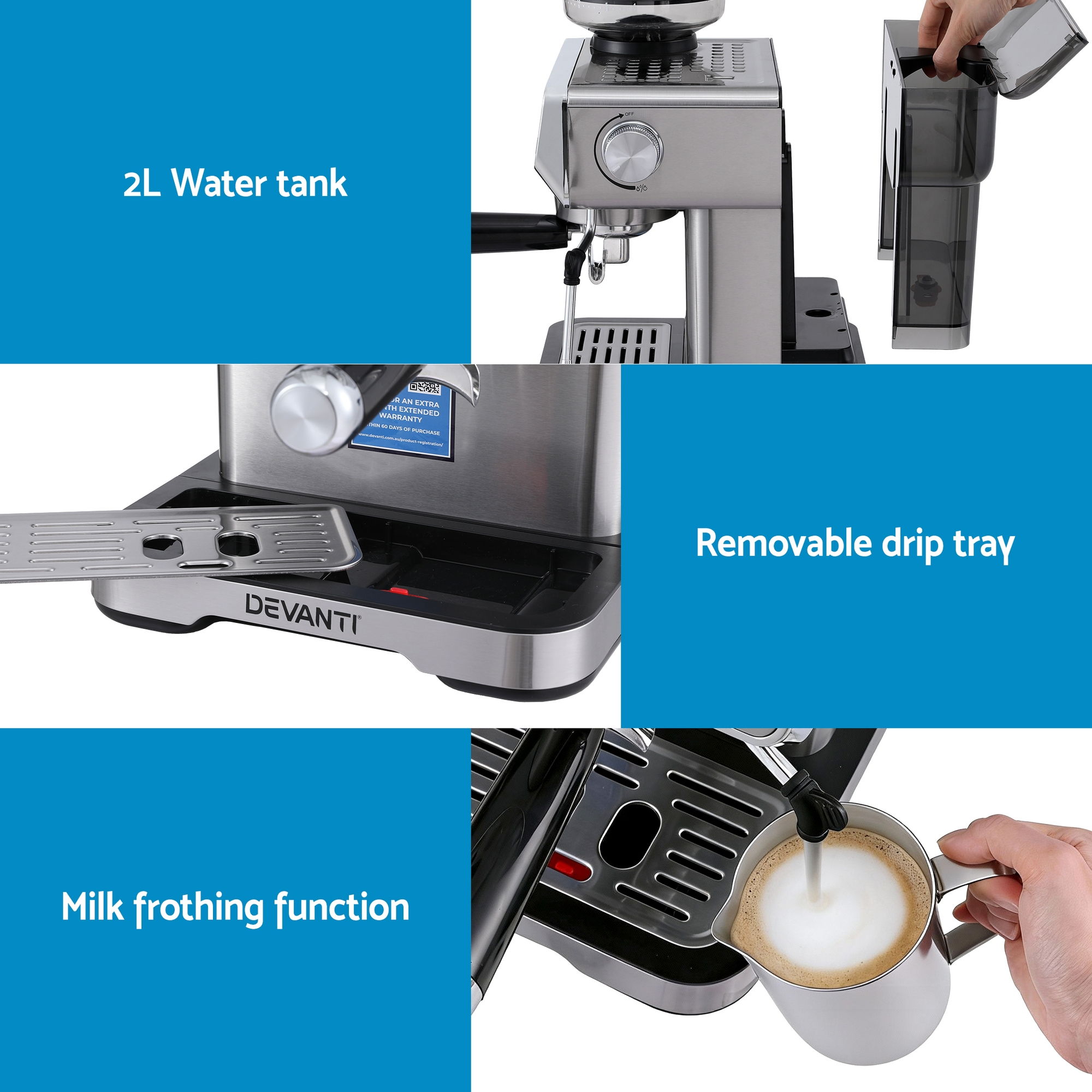 Devanti Coffee Machine Espresso Latte Maker with Grinder Milk Frother Steam Wand — image 6