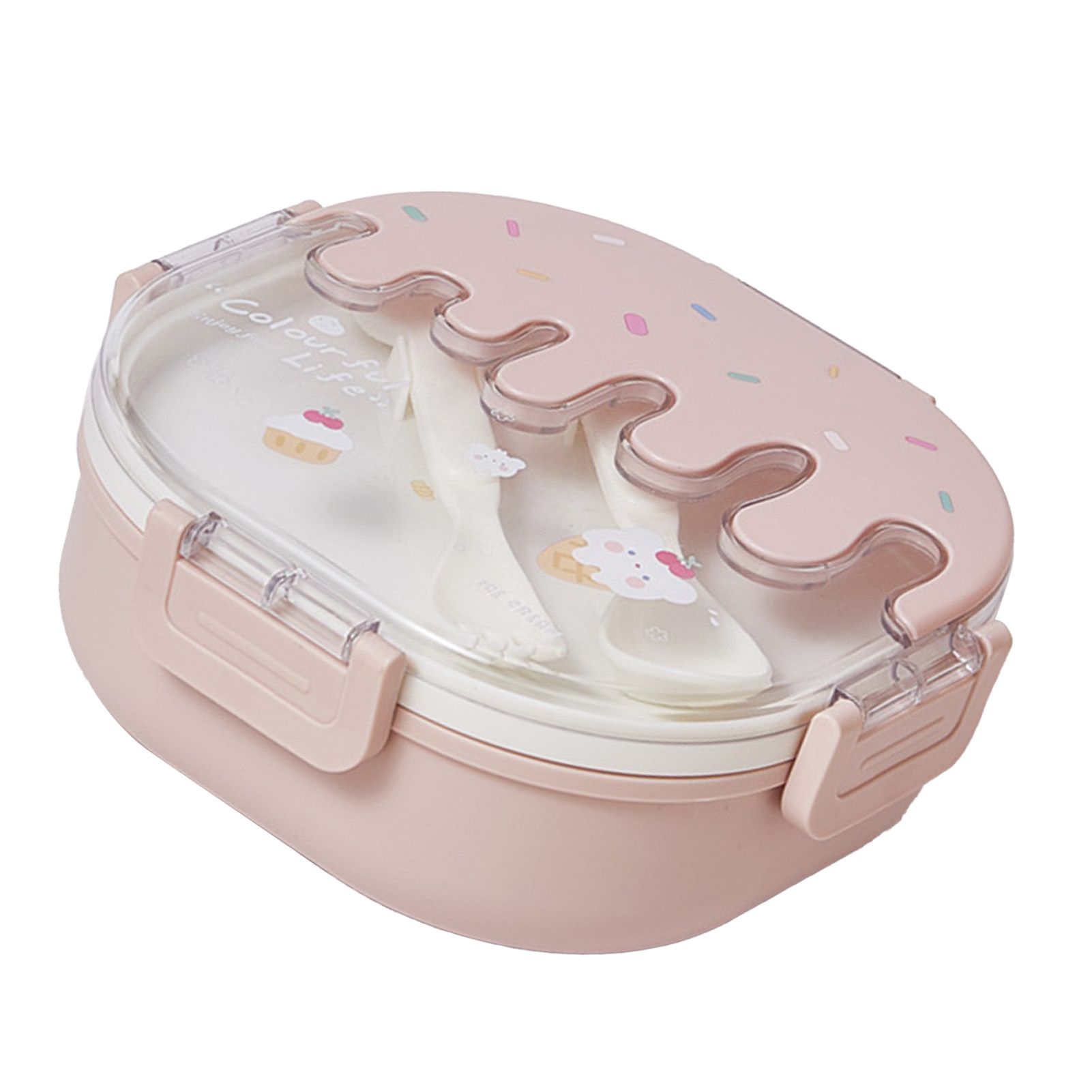 Bento Lunch Box for Kids Adults 3 Compartment Plastic Cute Ice Cream Lunch Snack Containers with Fork and Spoon for School Work Travel Pink โ image 4