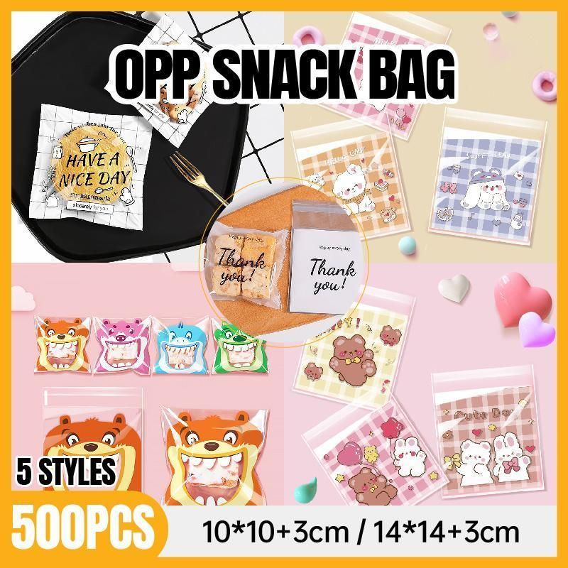 500 Pack Self Adhesive Cookie Packaging Bags Vibrant Designs OPP Material - Cute 10*10*3cm โ image 2